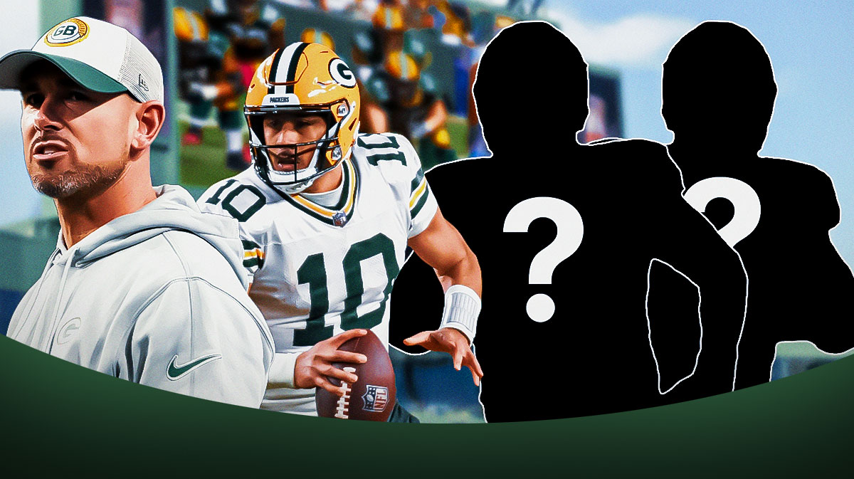 Matt LeFleur and Jordan Love on one side, two silhouettes of football offensive linemen on the other side