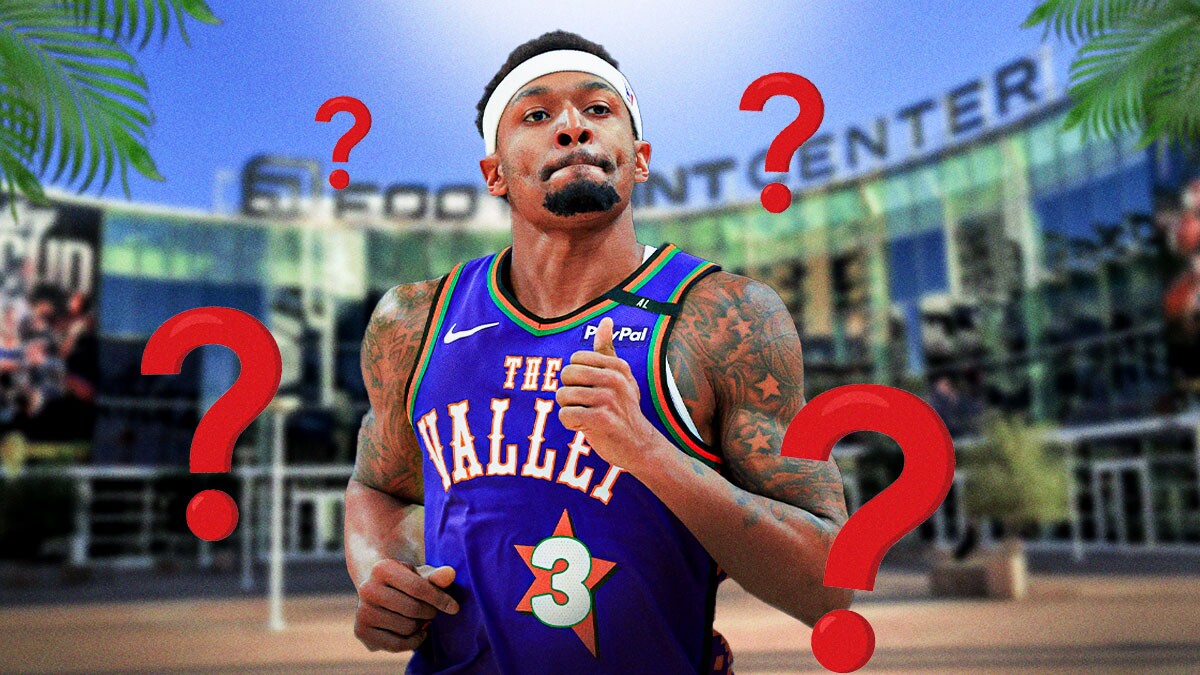 Bradley Beal in a Suns jersey with question marks around him, and a background of the outside of the Suns arena.