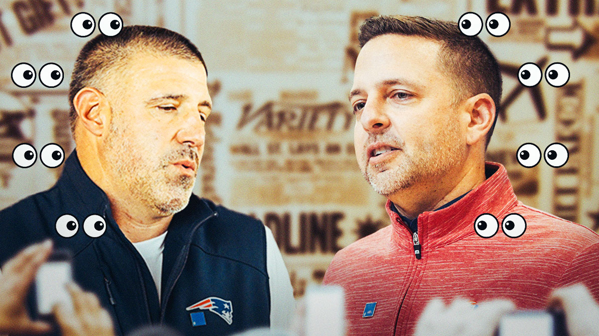 A newspaper as the background, Mike Vrabel and Eliot Wolf on one side, a bunch of New England Patriots fans on the other side with the big eyes emoji over their faces. Patriots first-round pick