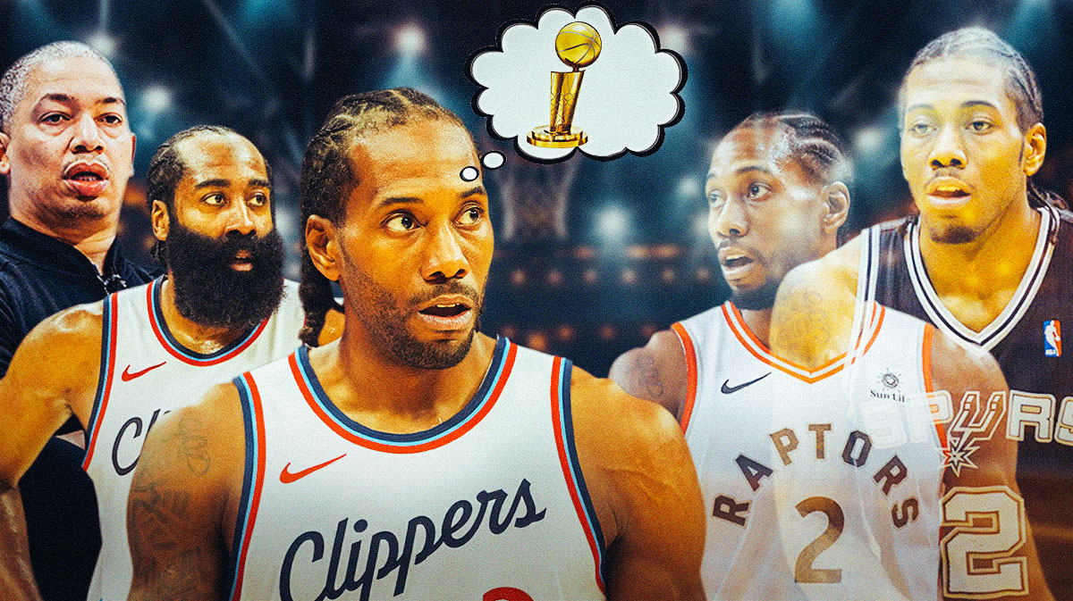 Clippers' Kawhi Leonard next to older versions of self and thinking about NBA title.