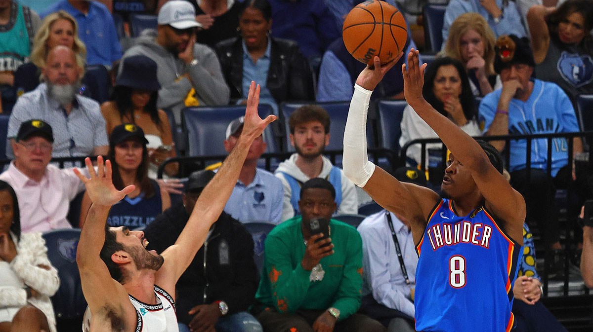 Thunder forward Jalen Williams (8) shoots as Memphis Grizzlies forward Santi Aldama (7) defends during the third quarter during game three for the first round of the 2024 NBA Playoffs at FedExForum. Mandatory Credit: Petre Thomas-Imagn Images
