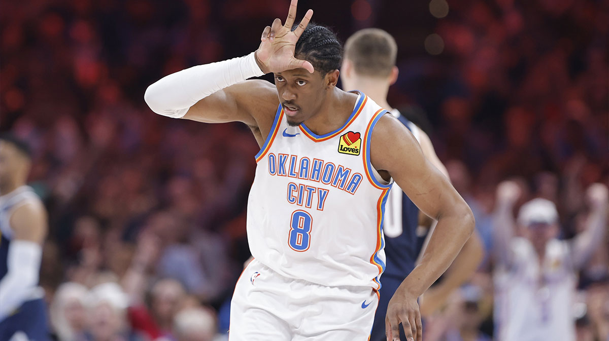 Thunder forward Jalen Williams (8) gestures after scoring a three point basket against the Denver Nuggets during the second quarter at Paycom Center