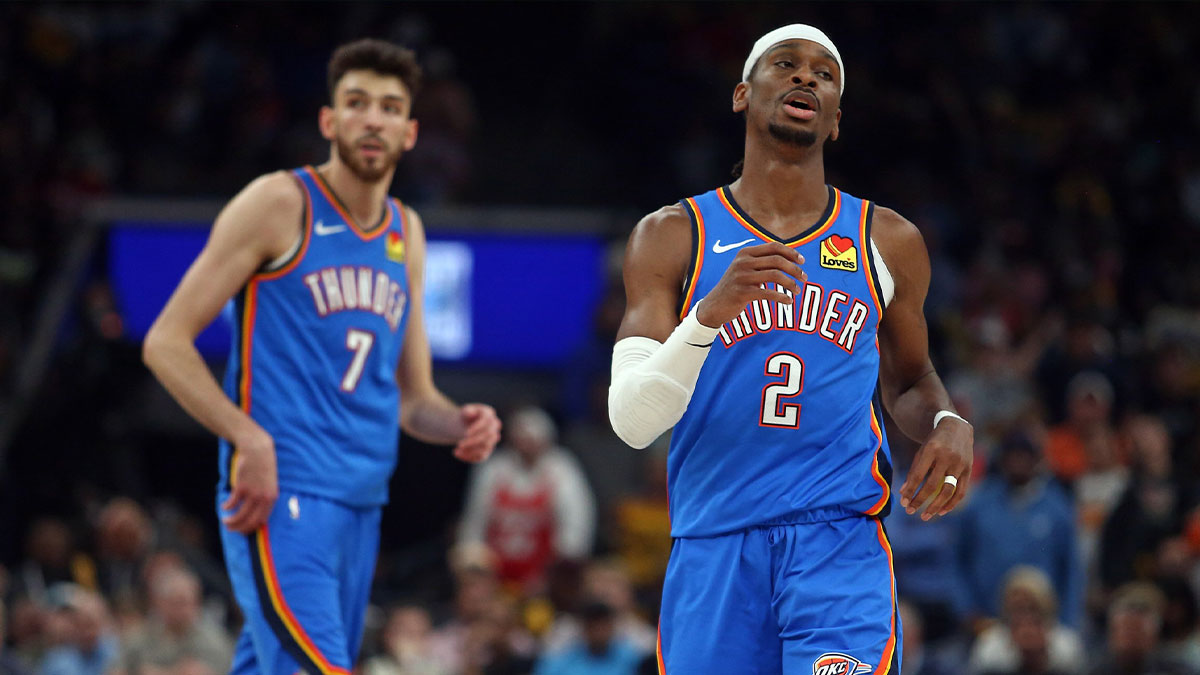 Thunder guard Shai Gilgeous-Alexander (2) and forward Chet Holmgren (7) look on during the second quarter against the Memphis Grizzlies during game three for the first round of the 2024 NBA Playoffs at FedExForum