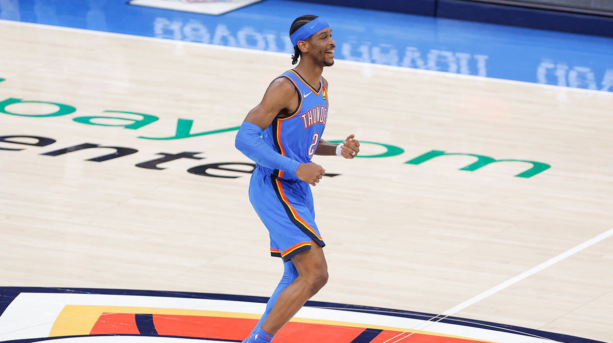 Oklahoma City Thunder guard Shai Gilgeous-Alexander (2) smiles after scoring against the Los Angeles Lakers during the first quarter at Paycom Center.
