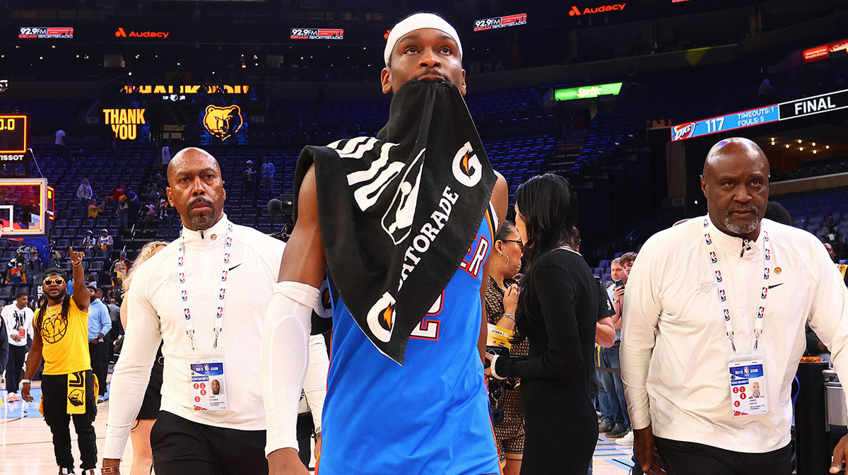 Thunder guard Shai Gilgeous-Alexander (2) walks of the court after defeating the Memphis Grizzlies in game four for the first round of the 2024 NBA Playoffs at FedExForum