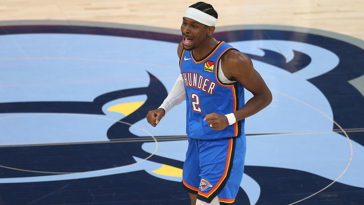 Thunder guard Shai Gilgeous-Alexander (2) reacts during the first quarter against the Memphis Grizzlies during game four for the first round of the 2024 NBA Playoffs at FedExForum