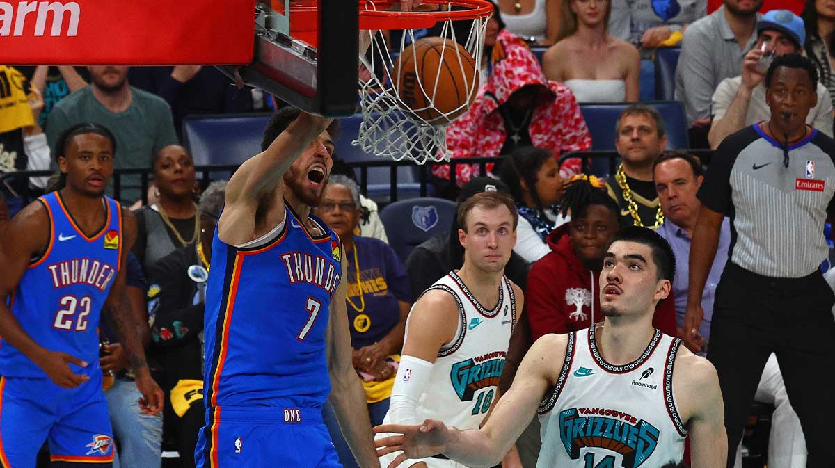 Thunder forward Chet Holmgren (7) dunks during the third quarter against the Memphis Grizzlies during game three for the first round of the 2024 NBA Playoffs at FedExForum