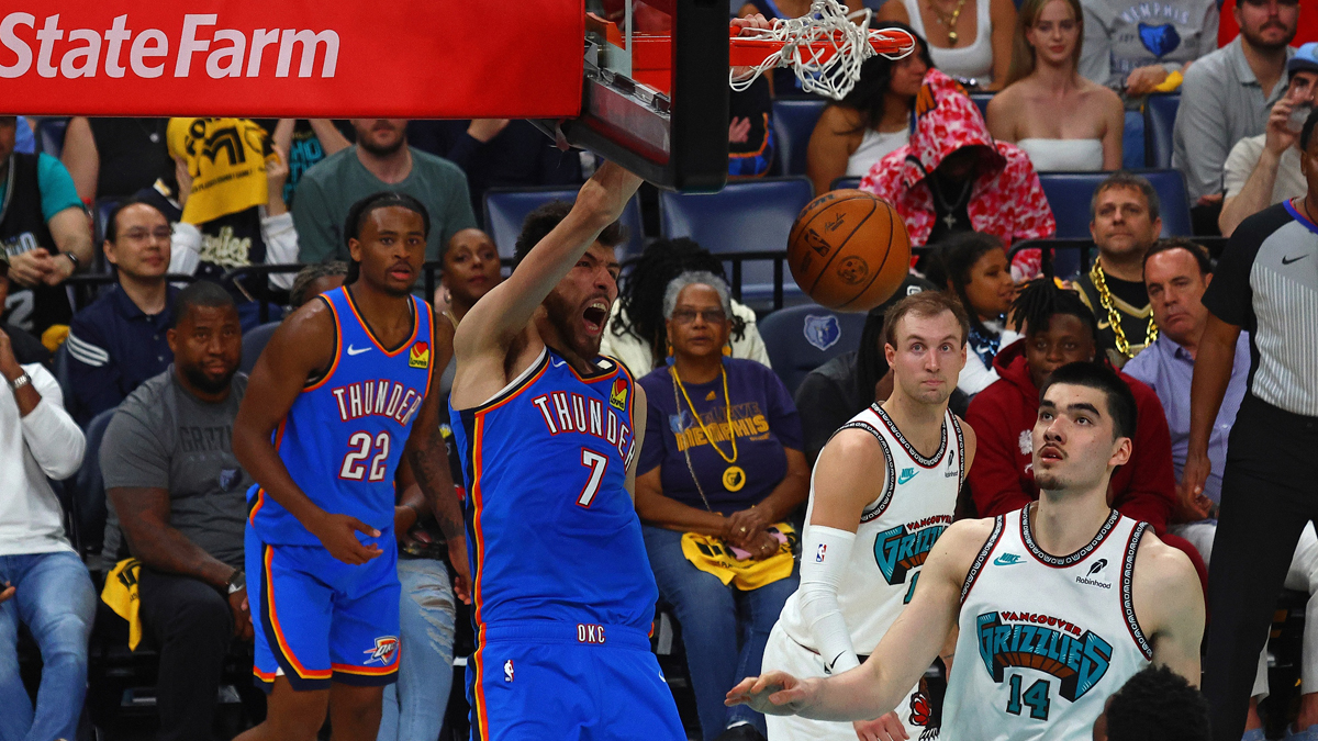 Thunder forward Chet Holmgren (7) dunks during the second half against the Memphis Grizzlies during game three for the first round of the 2024 NBA Playoffs at FedExForum