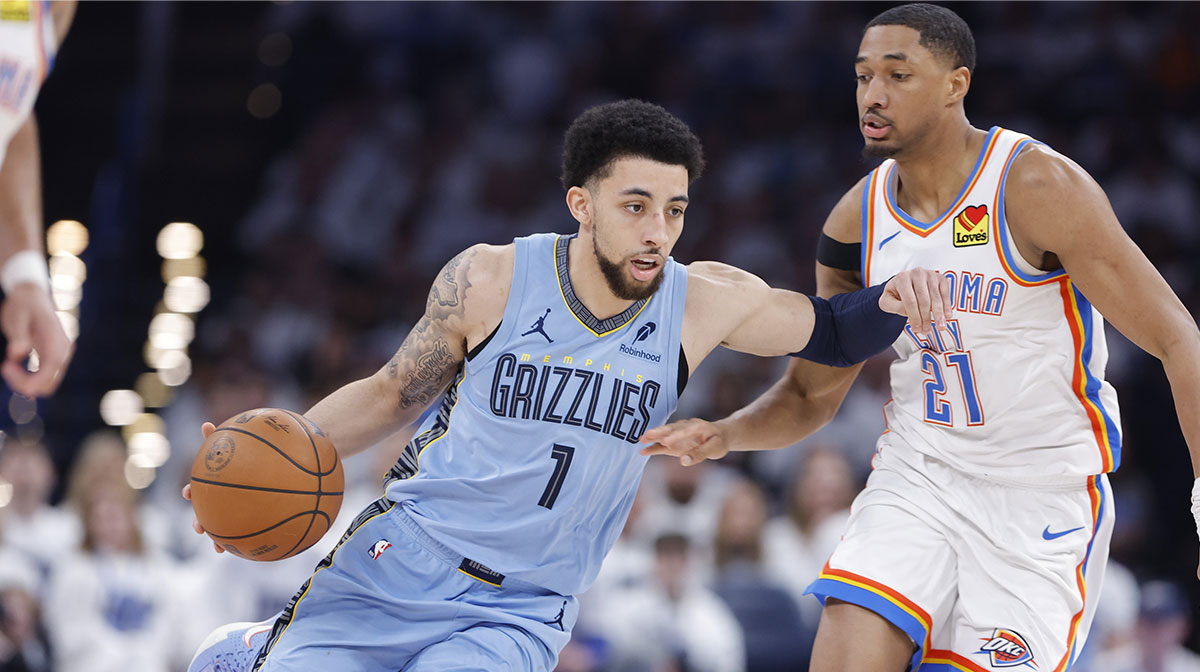 Grizzlies guard Scotty Pippen Jr. (1) dribbles down the court beside Oklahoma City Thunder guard Aaron Wiggins (21) during the second half at Paycom Center