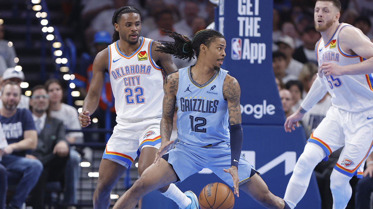 The guardian of the Grizzlies Ja Morant (12) Dribble around Oklahoma City Thunder Guard Cason Wallace (22) in the second trimester at the Paycc Center