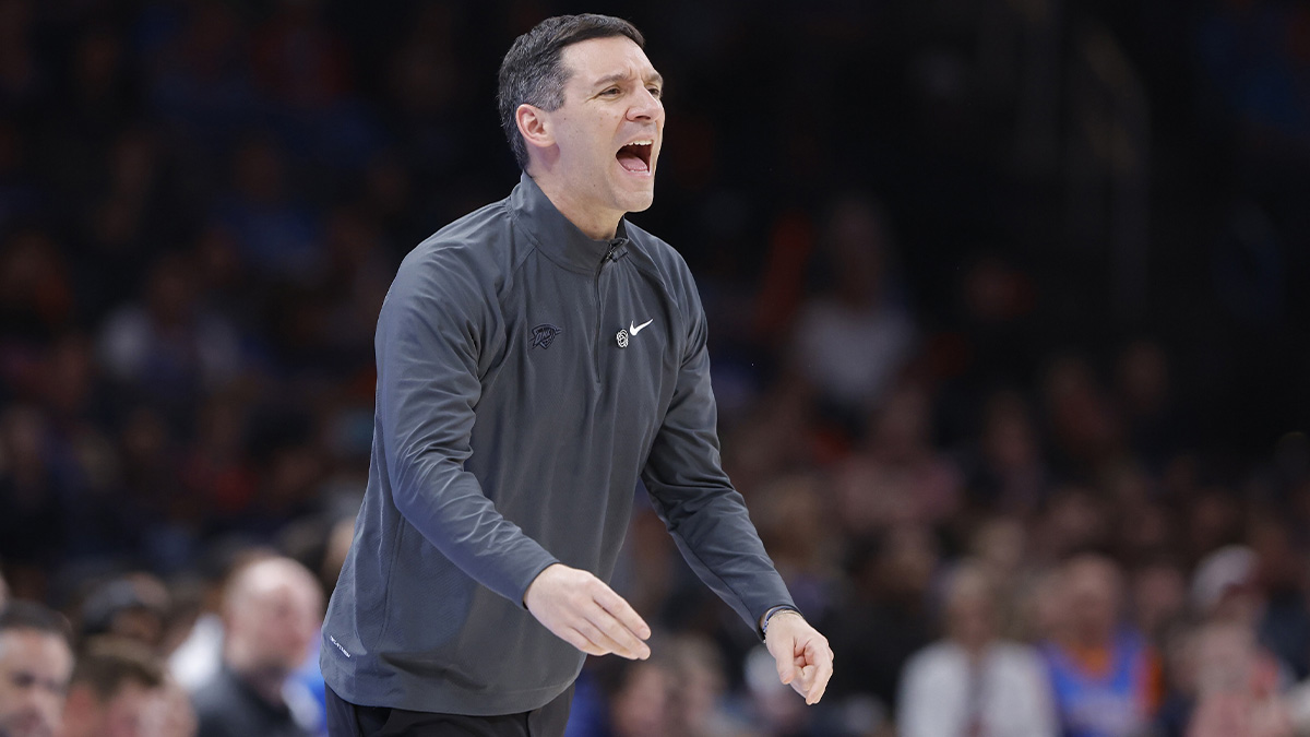 Thunder head coach Mark Daigneault yells to his team during the second quarter against the Detroit Pistons at Paycom Center