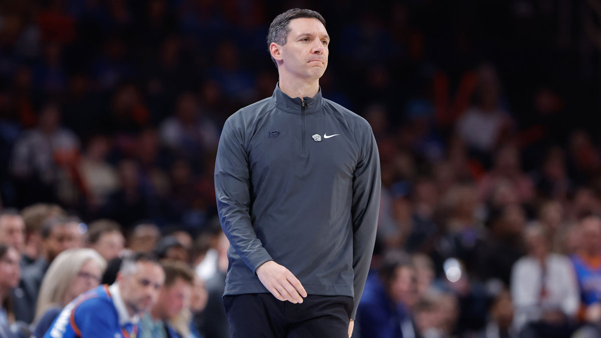 Thunder head coach Mark Daigneault watches his team play against the Detroit Pistons during the second half at Paycom Center