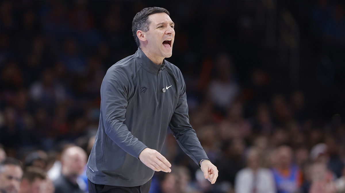 Thunder head coach Mark Daigneault yells to his team during the second quarter against the Detroit Pistons at Paycom Center