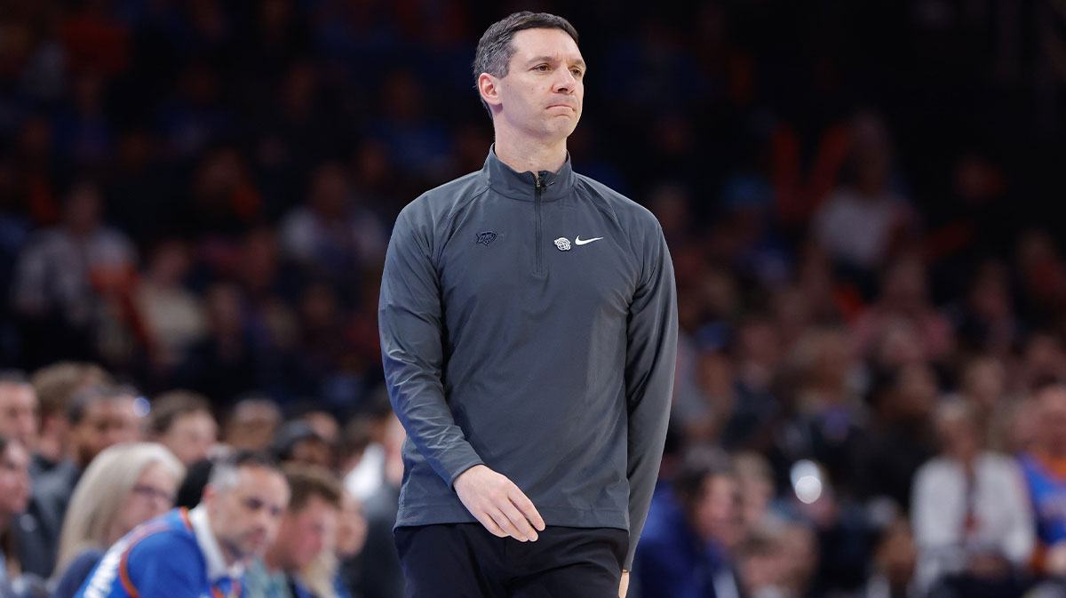 Thunder head coach Mark Daigneault watches his team play against the Detroit Pistons during the second half at Paycom Center