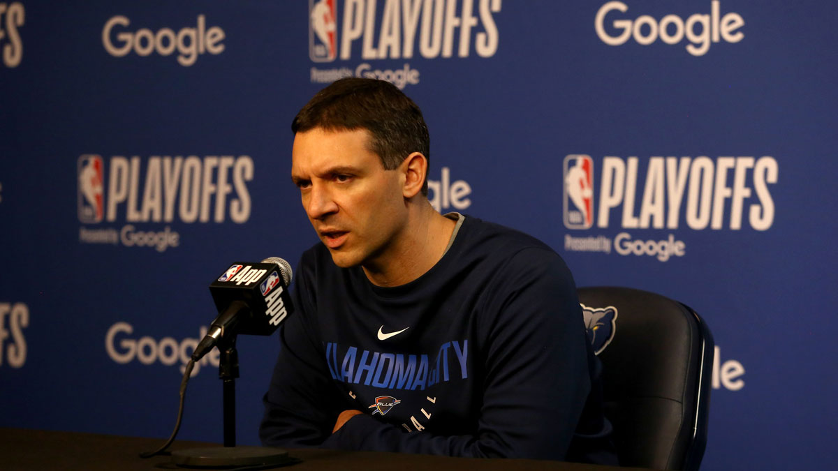 Thunder head coach Mark Daigneault during a press conference before game three for the first round of the 2024 NBA Playoffs against the Memphis Grizzlies at FedExForum next to Thunder's Alex Caruso