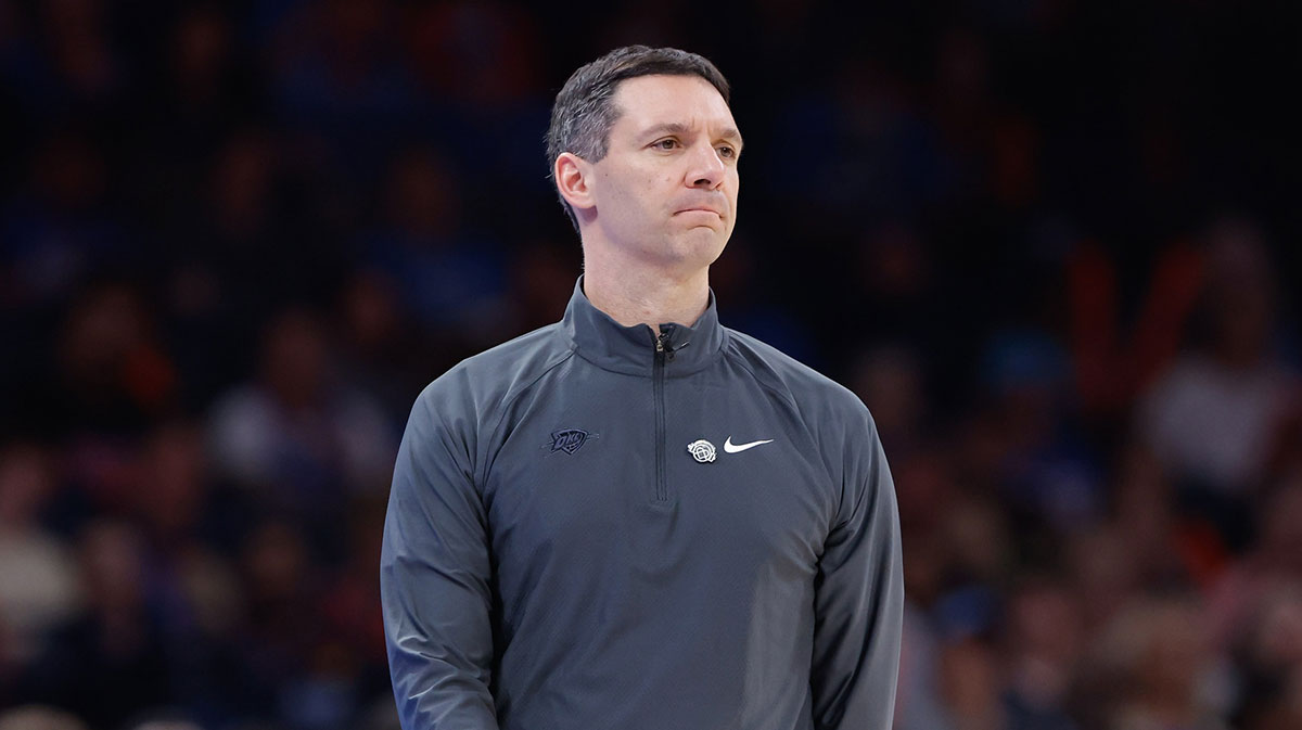 Thunder head coach Mark Daigneault watches his team play against the Detroit Pistons during the second half at Paycom Center