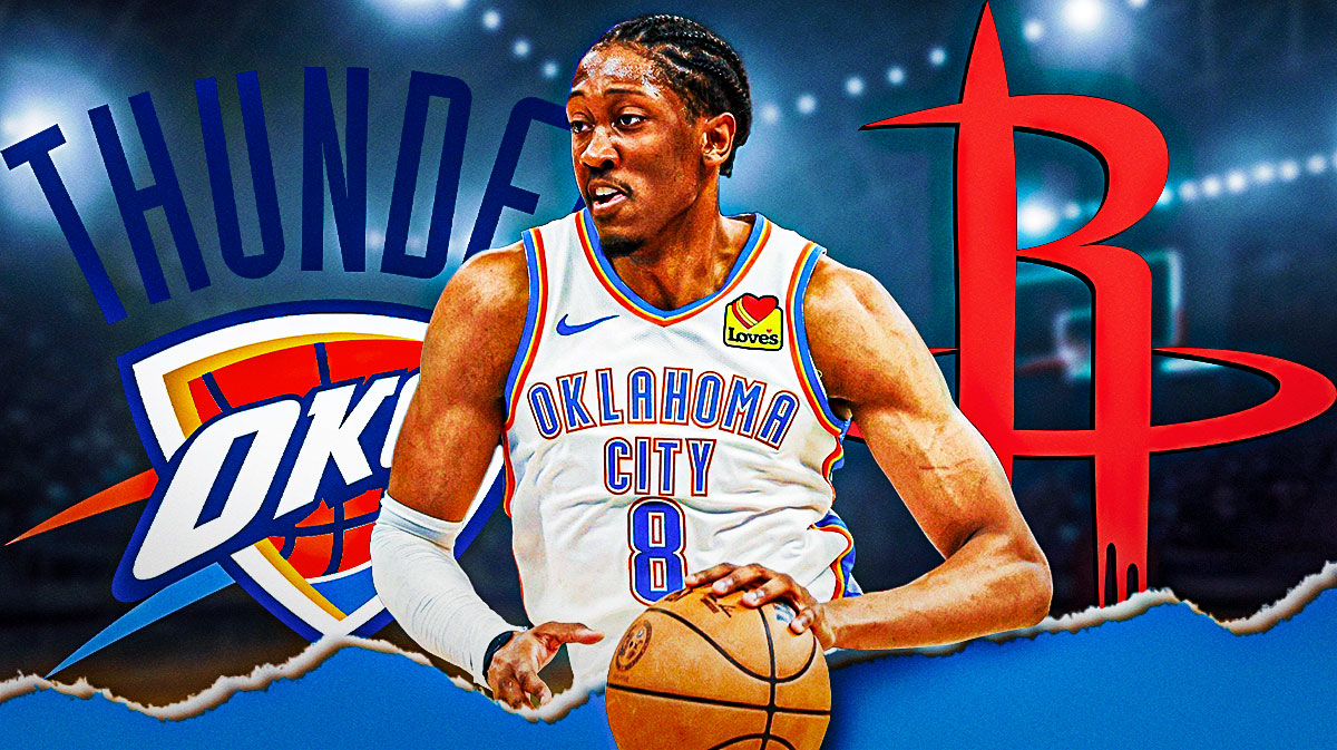 Thunder All-Star Jalen Williams next to the Rockets logo with the Thunder logo in the background