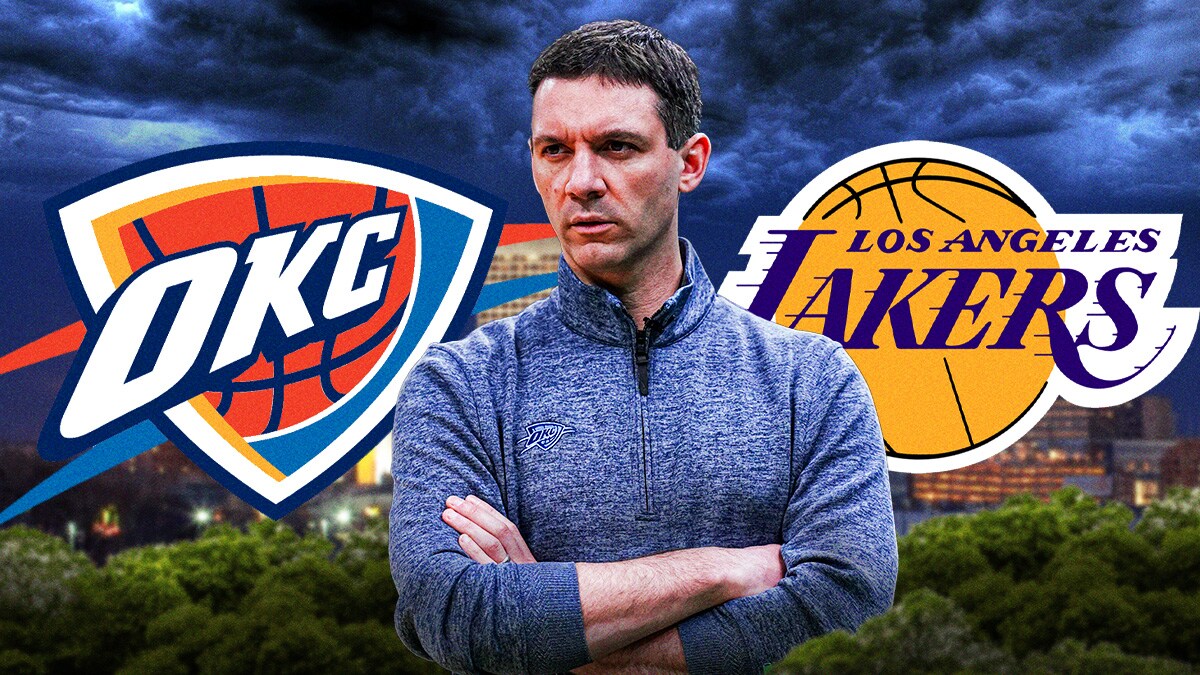Thunder head coach Mark Daigneault next to the Thunder and Lakers logos with the Oklahoma City skyline in the background