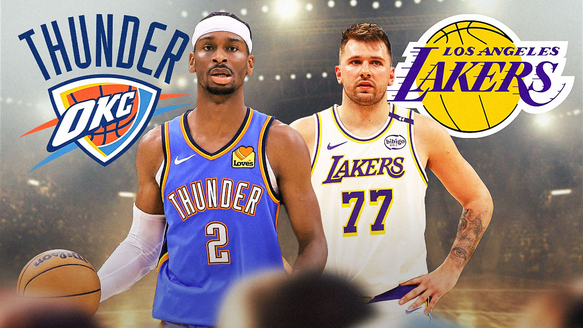 Thunder All-Star Shai Gilgeous-Alexander next to Lakers guard Luka Doncic with the Thunder and Lakers logos in the background