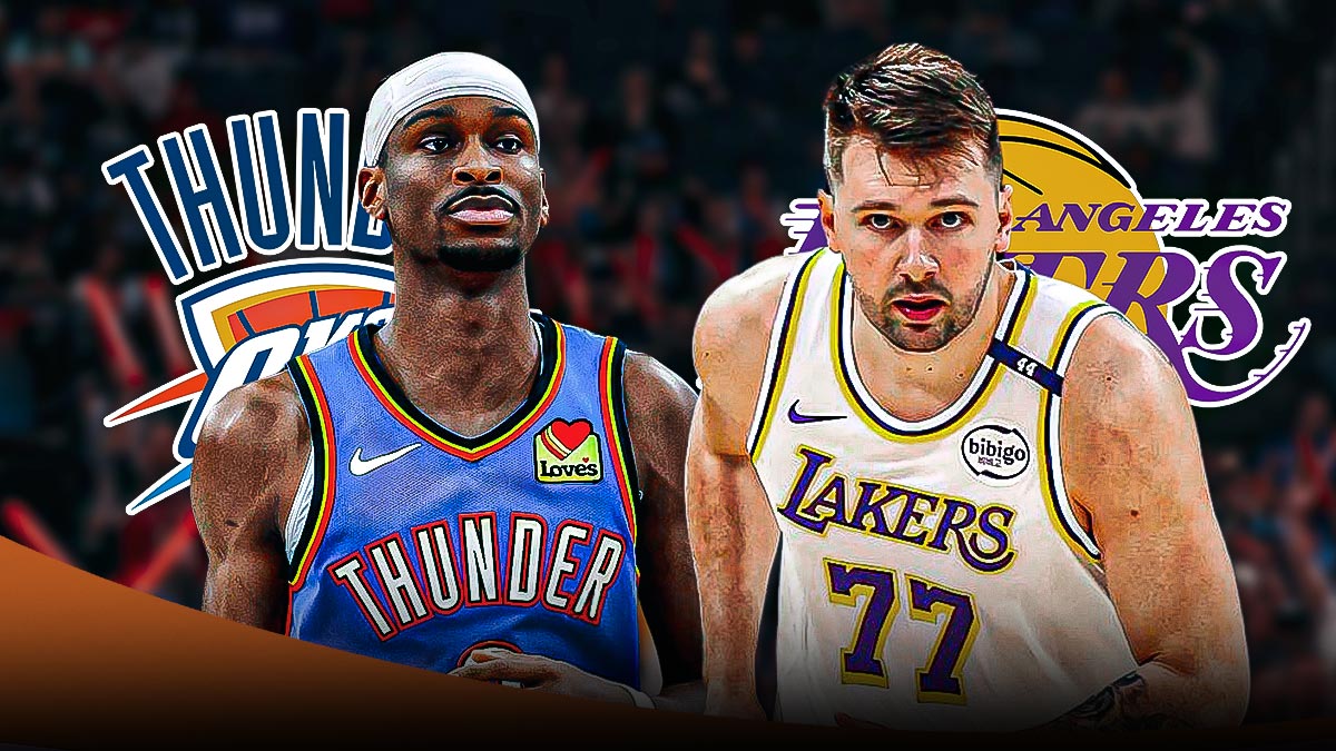 Thunder All-Star Shai Gilgeous-Alexander next to Lakers guard Luka Doncic with the Thunder and Lakers logos in the background