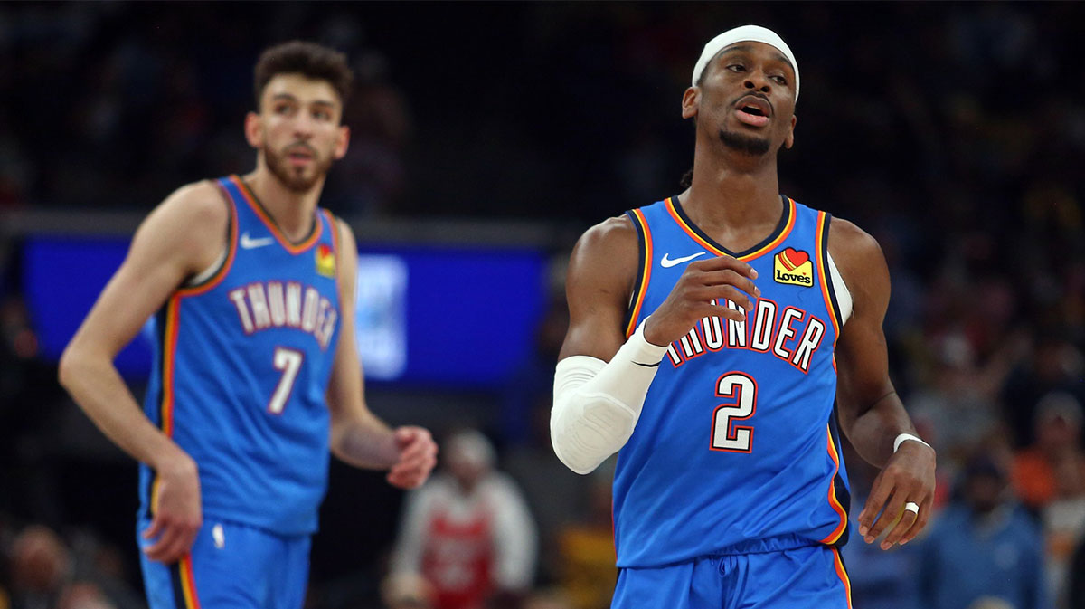 Oklahoma City Thunder guard Shai Gilgeous-Alexander (2) and forward Chet Holmgren (7) look on during the second quarter against the Memphis Grizzlies during game three for the first round of the 2024 NBA Playoffs at FedExForum.