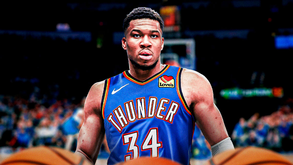 Giannis Antetokounmpo photoshopped in Thunder jersey.
