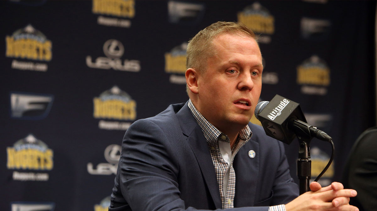 Denver Nuggets general manager Tim Connelly answers questions during a press conference during the media day at Pepsi Center.