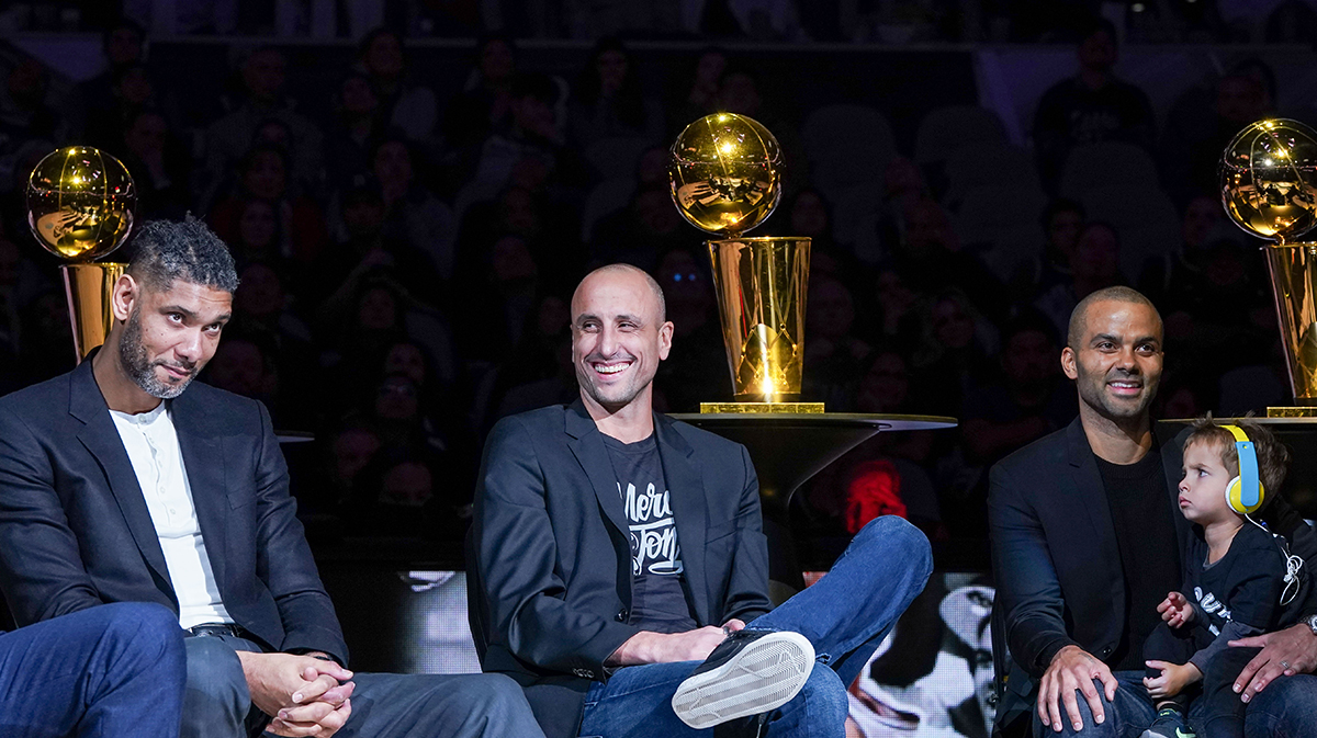 San Antonio Spurs big three of Tim Duncan, Manu Ginobili, and Tony Parker laugh during Parker's retirement ceremony at the AT&T Center.
