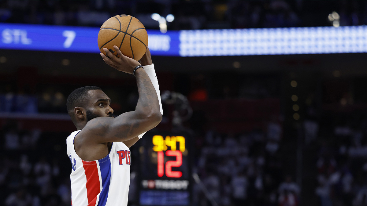 Detroit Pistons forward Tim Hardaway Jr. (8) shoots in the second half against the New York Knicks during game three of first round for the 2024 NBA Playoffs at Little Caesars Arena.