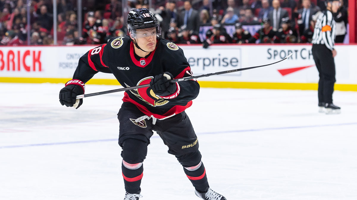Ottawa Senators center Tim Stutzle (18) chases the puck in the first period against the Buffalo Sabres at the Canadian Tire Centre.