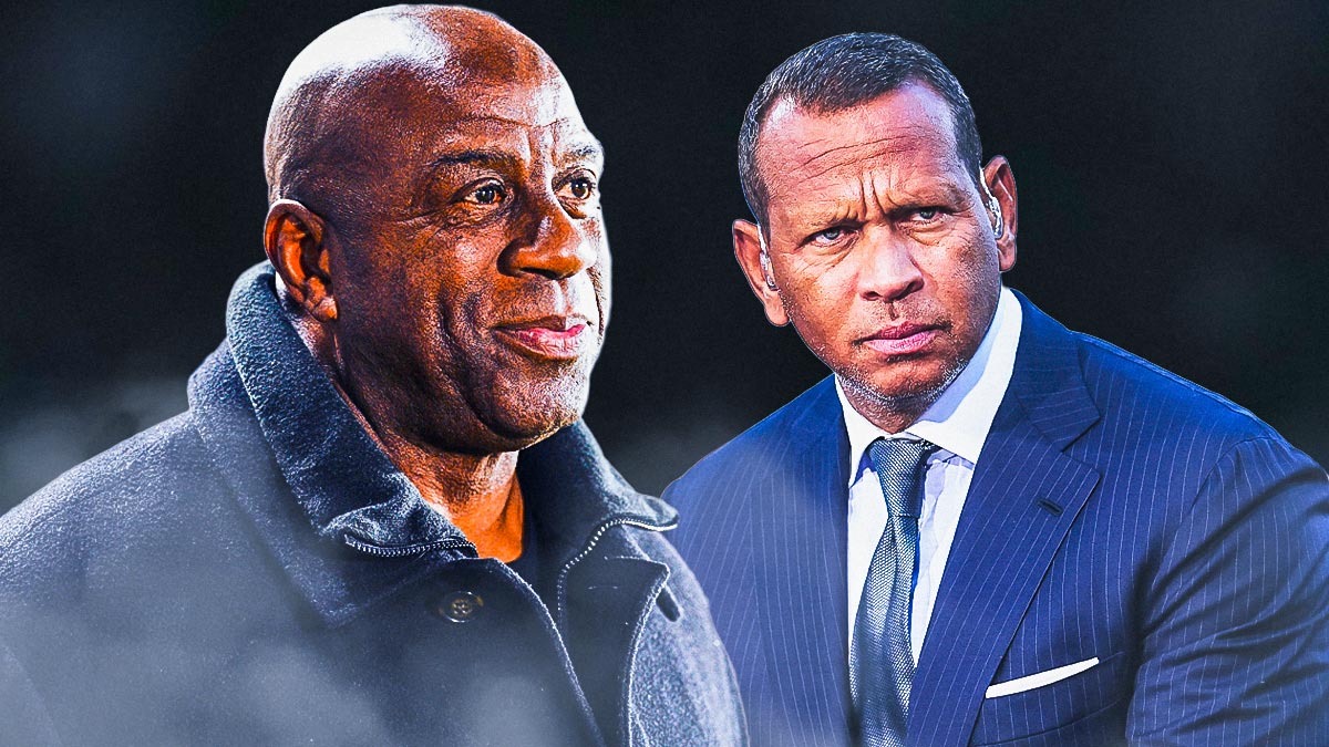 Magic Johnson looking at Alex Rodriguez