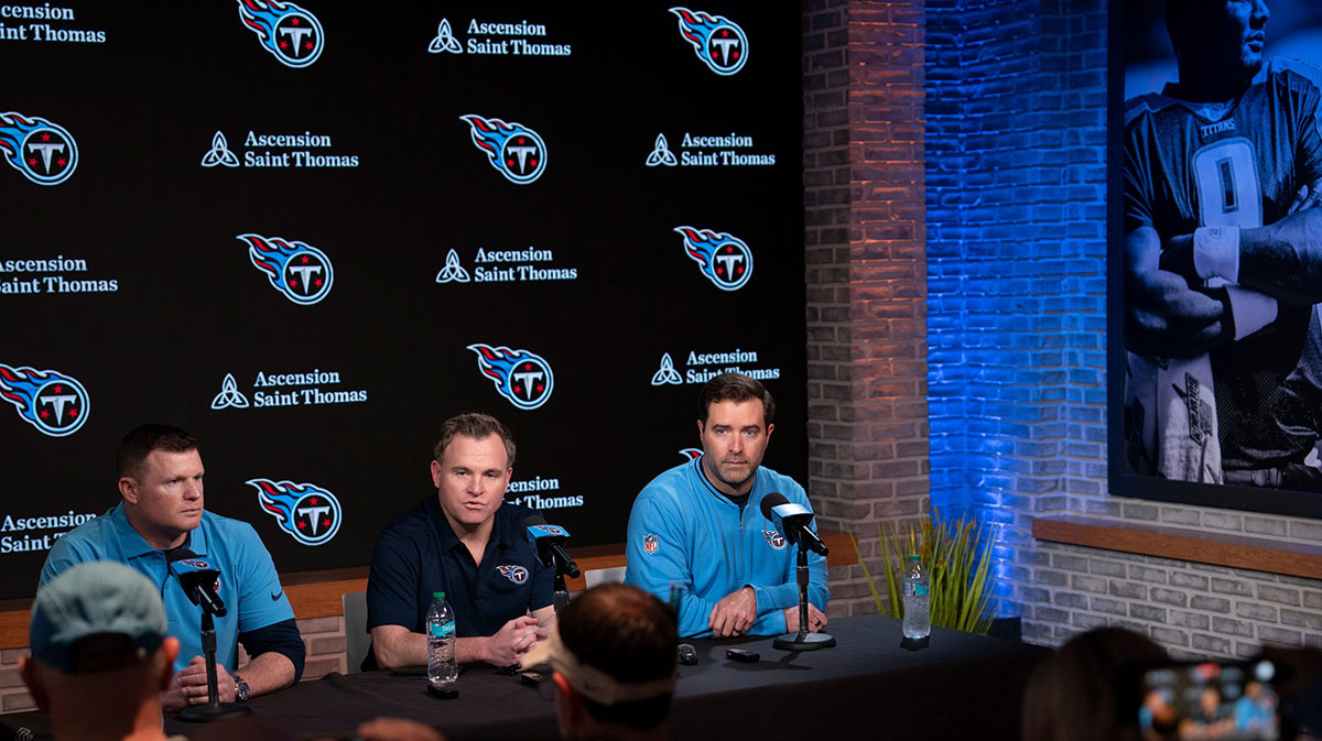 Tennessee Titans management, from left, Chad Brinker, president of football operations, Mike Borgonzi, general manager, and Brian Callahan, head coach, field questions from the media at Ascension Saint Thomas Sports Park in Nashville, Tenn., Tuesday, April 22, 2025.