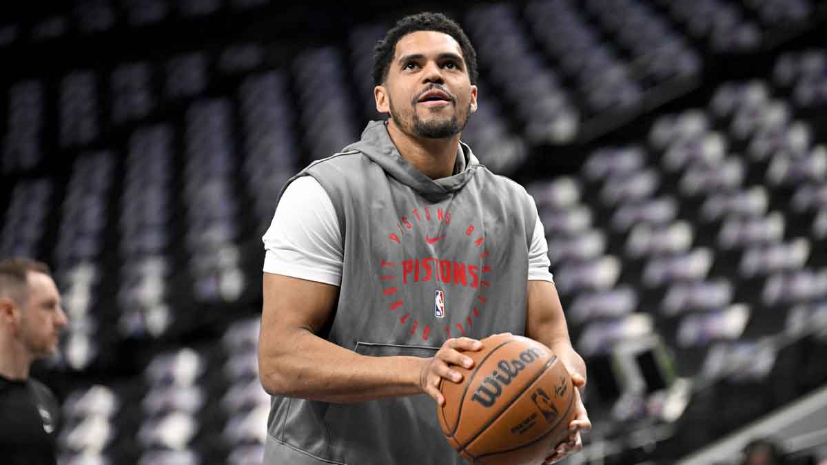 Detroit Pistons forward Tobias Harris (12) warms up before the game between the Dallas Mavericks and the Detroit Pistons at the American Airlines Center.