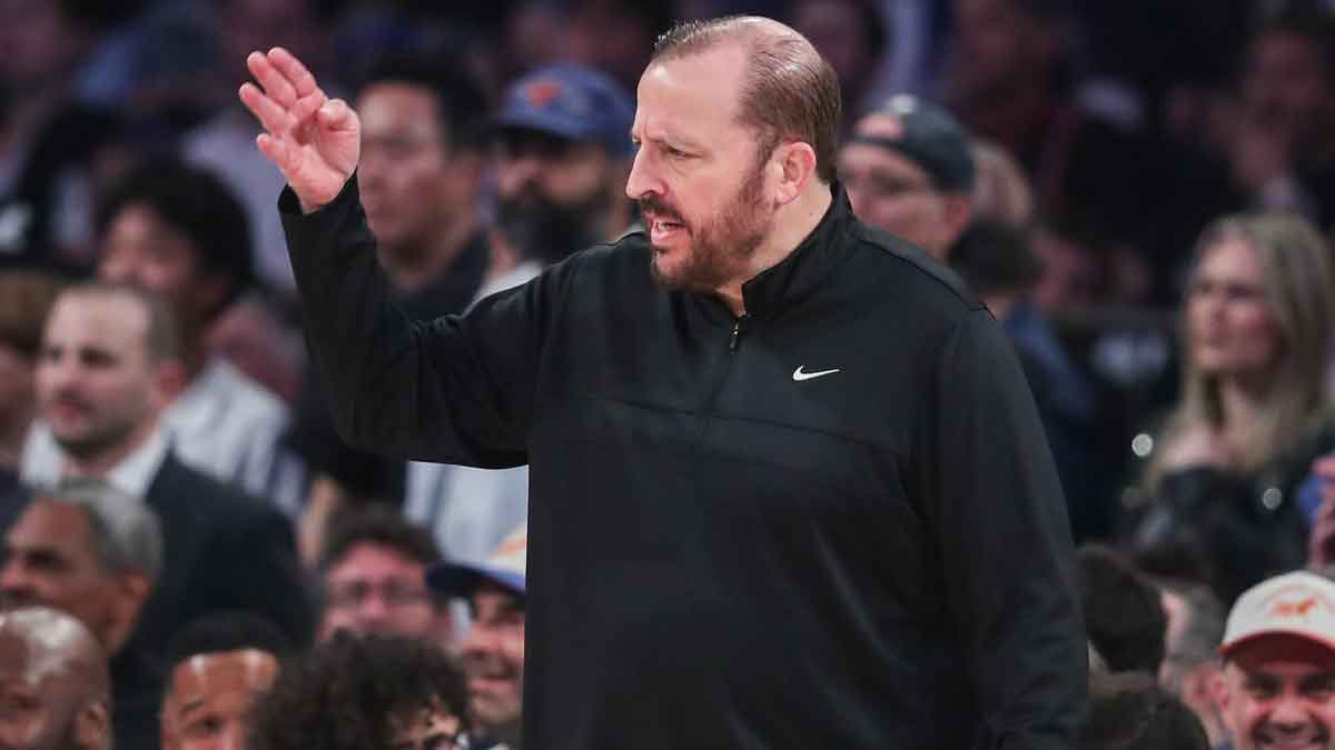 New York Knicks head coach Tom Thibodeau yells out instructions against the Detroit Pistons in Game One of the First Round of the NBA Playoffs at Madison Square Garden. Mandatory Credit: Wendell Cruz-Imagn Images