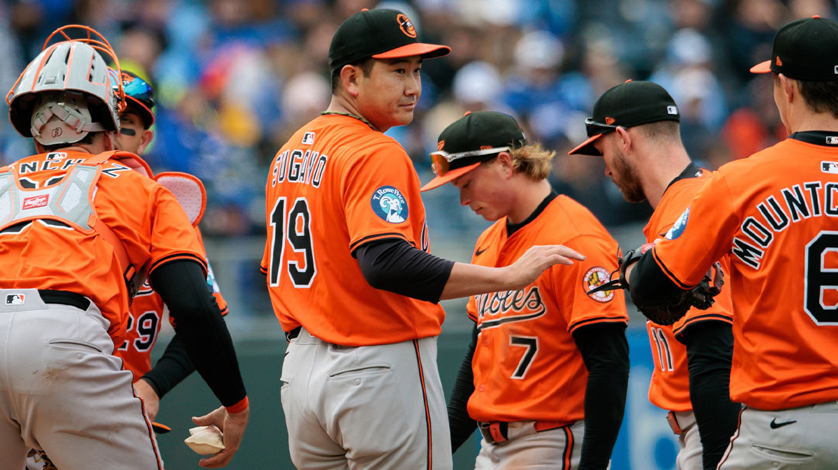 Baltimore Orioles pitcher Tomoyuki Sugano (19) leaves the game during the sixth inning against the Kansas City Royals at Kauffman Stadium.