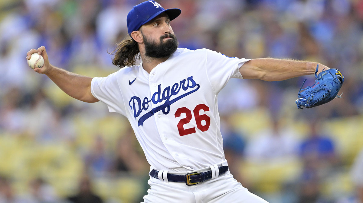 Aug 2, 2023; Los Angeles, California, USA; Los Angeles Dodgers starting pitcher Tony Gonsolin (26) throws to the plate in the first inning against the Oakland Athletics at Dodger Stadium. Mandatory Credit: Jayne Kamin-Oncea-Imagn Images