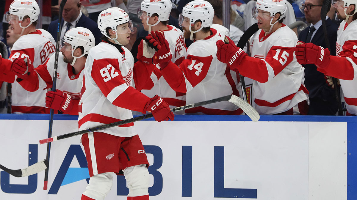 Detroit Red Wings center Marco Kasper (92) is congratulated after he scored a goal against the Tampa Bay Lightning during the third period at Amalie Arena.