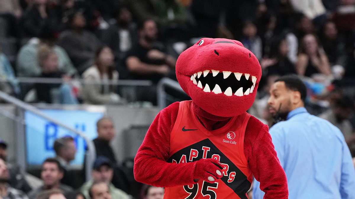 Dec 16, 2024; Toronto, Ontario, CAN;The Toronto raptors mascot roller skates on the court against the Chicago Bulls during a timeout in the second quarter at Scotiabank Arena. Mandatory Credit: Nick Turchiaro-Imagn Images