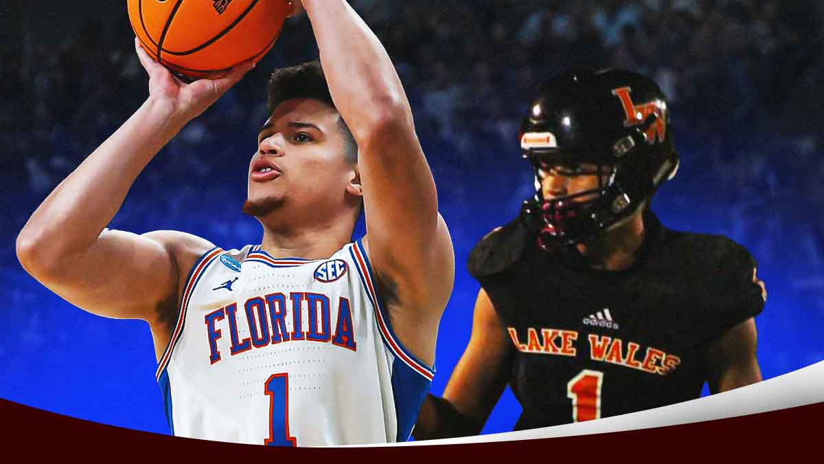 Florida Gators basketball star Walter Clayton Jr. shooting a basketball on one side and playing football on the other side