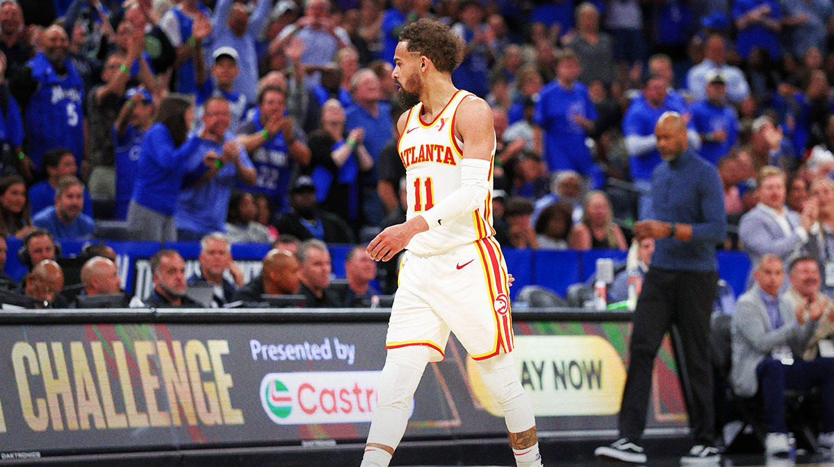 Atlanta Hawks guard Trae Young (11) reacts after given a technical foul against the Orlando Magic in the fourth quarter at Kia Center.