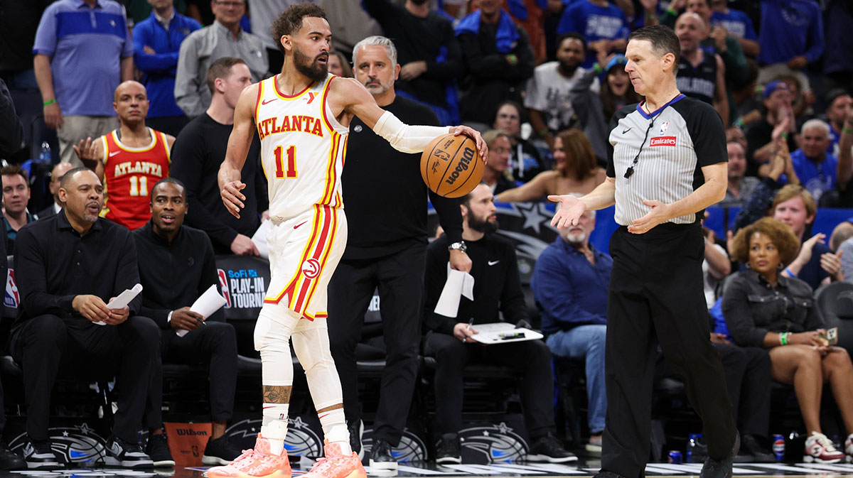 Atlanta Hawks guard Trae Young (11) reacts after receiving a second technical foul and ejection against the Orlando Magic in the fourth quarter at Kia Center.