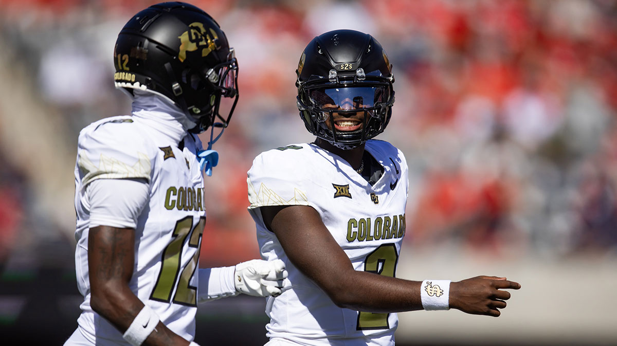 Colorado Buffalos quarterback Shedeur Sanders (2) with wide receiver Travis Hunter (12) against the Arizona Wildcats at Arizona Stadium.