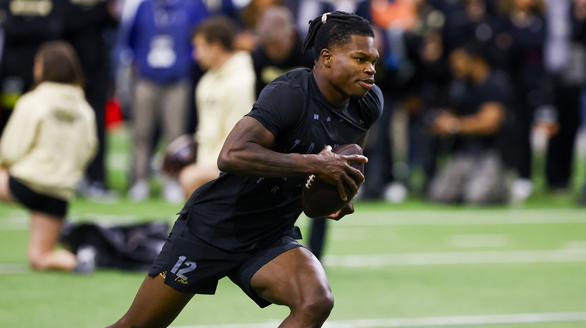Colorado Buffaloes wide receiver Travis Hunter (12) runs drills at the University of Colorado NFL Showcase at the CU Indoor Practice Facility