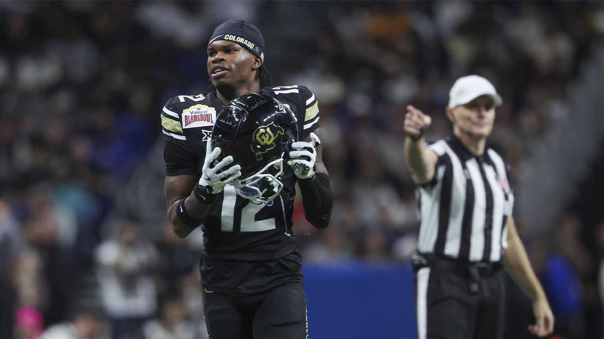 Colorado Buffaloes wide receiver Travis Hunter (12) reacts after a penalty is called during the second quarter against the Brigham Young Cougars at Alamodome.