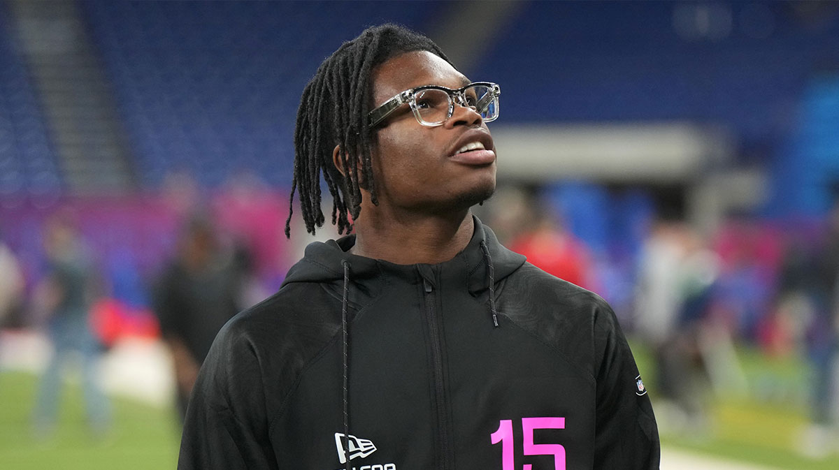  Colorado defensive back Travis Hunter (DB15) looks on during the 2025 NFL Scouting Combine at Lucas Oil Stadium.