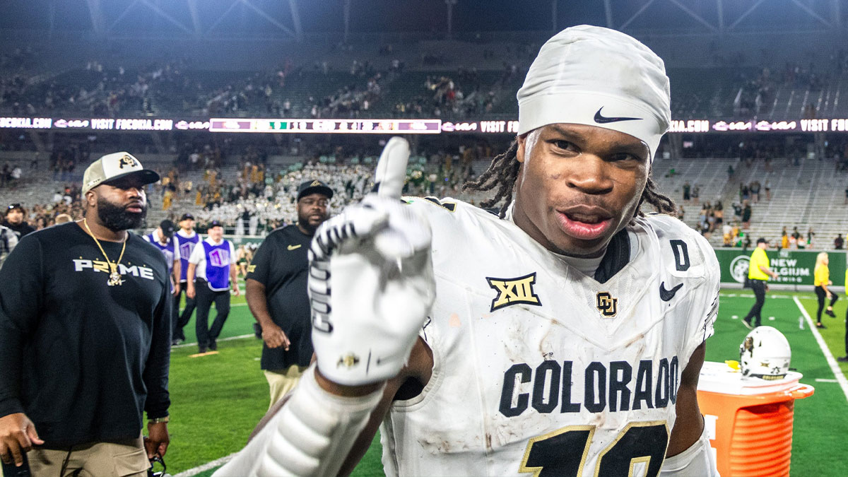 CU football standout athlete Travis Hunter flashes a No. 1 with his finger after a win against CSU in the Rocky Mountain Showdown at Canvas Stadium.