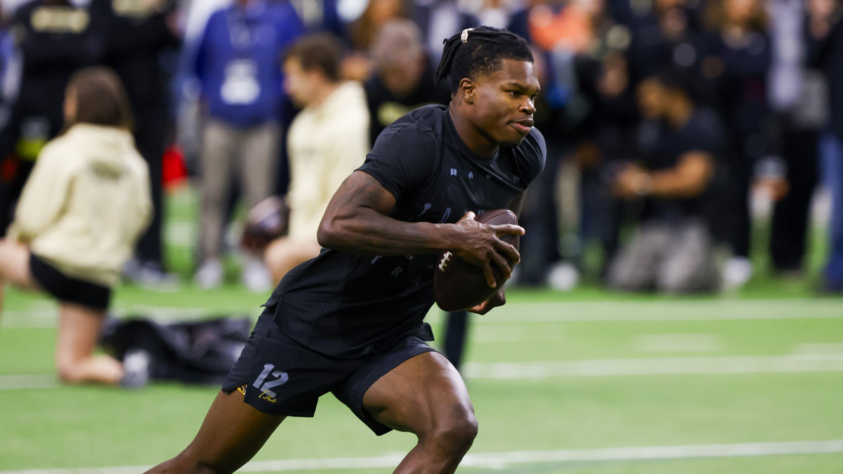 Colorado Buffaloes wide receiver Travis Hunter (12) runs drills at the University of Colorado NFL Showcase at the CU Indoor Practice Facility.