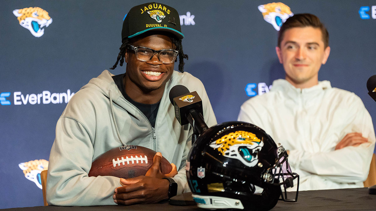 The Jacksonville Jaguars’ first-round pick, Colorado Buffaloes wide receiver and defensive back Travis Hunter, left, answers questions during a press conference Friday, March 25, 2025 at Miller Electric Center in Jacksonville, Fla. with General Manager James Gladstone, right.