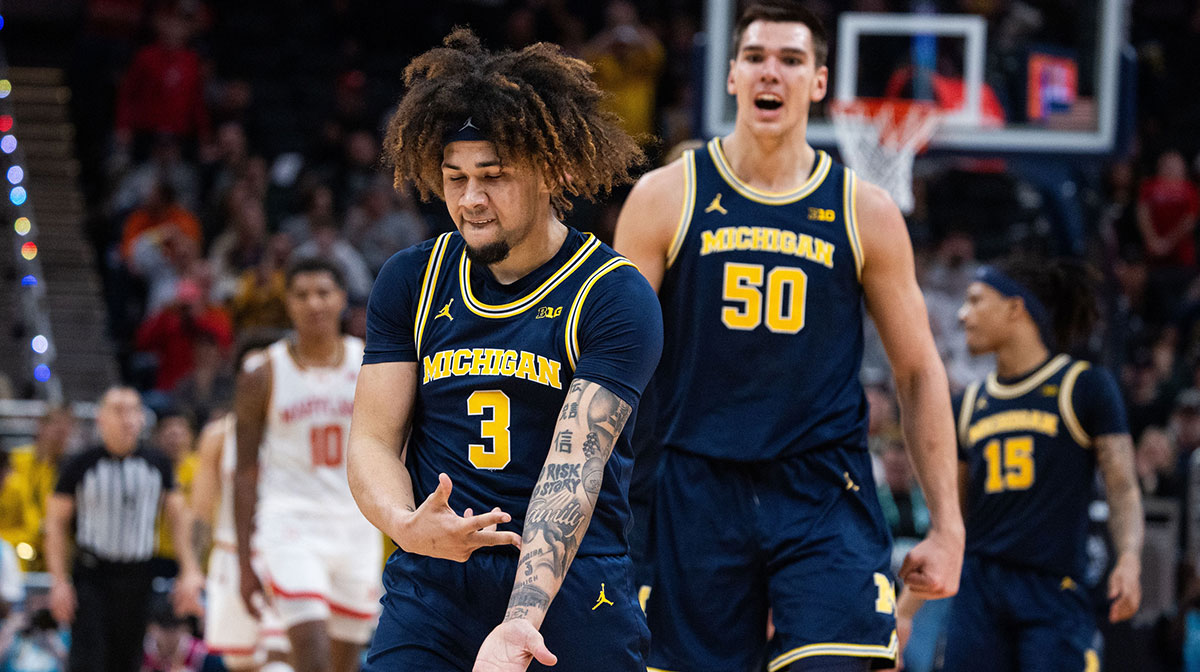 Michigan Wolverines guard Tre Donaldson (3) celebrates a made basket in the second half against the Maryland Terrapins at Gainbridge Fieldhouse in college basketball transfer portal.
