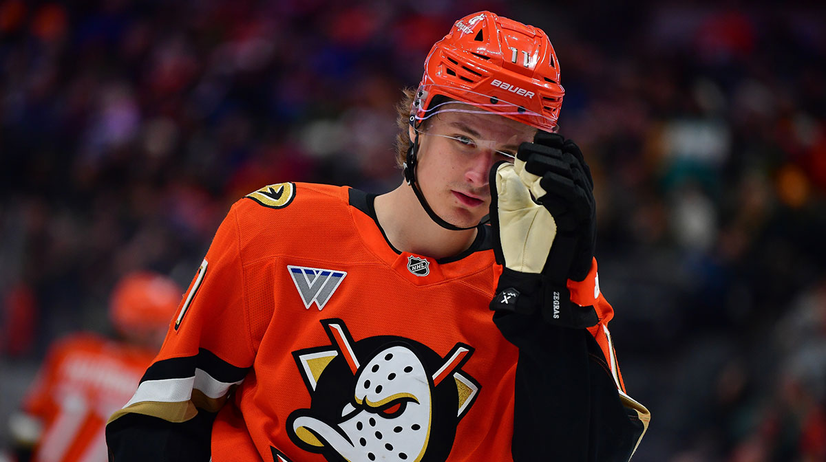 Anaheim Ducks center Trevor Zegras (11) during the second period at Honda Center.
